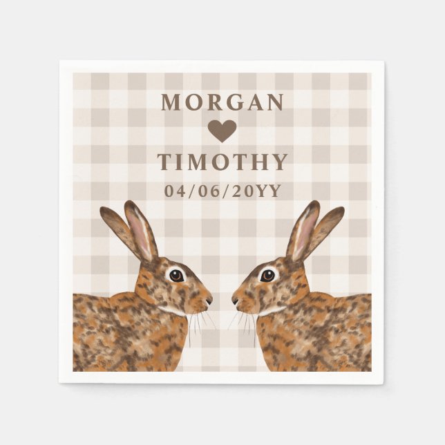 Whimsical Hare-huvuden med namn och datum bröllop Pappersservett (Framsidan)