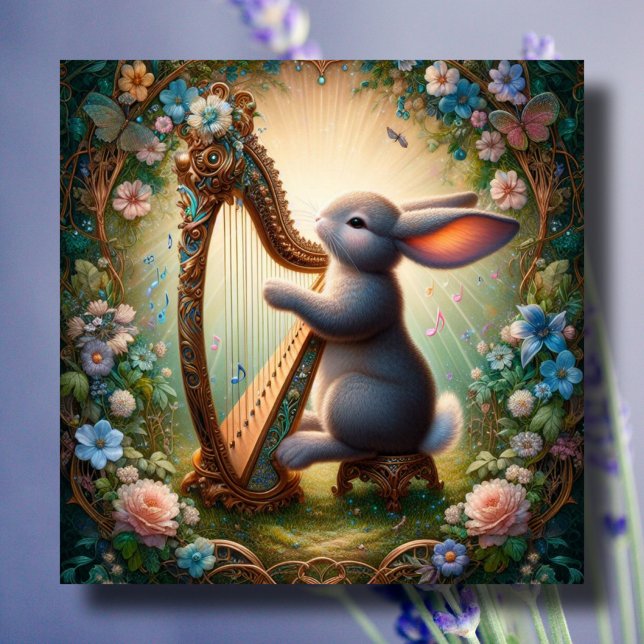 Whimsical Harp Bunny Art nouveau Påsk Card Julkort (Skapare uppladdad)