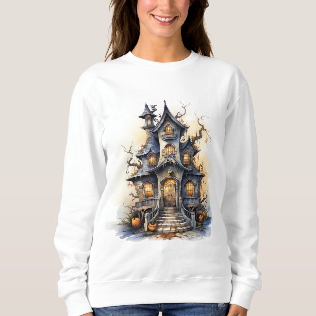 Whimsical Haunted House Halloween Illustration T Shirt (Framsida)