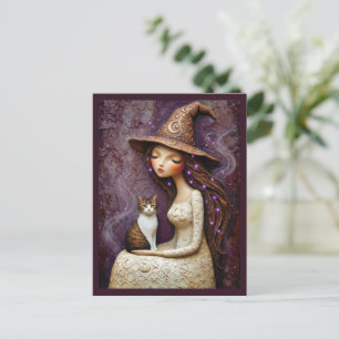 Whimsical Häxa Katt Halloween Mystisk Måne Vykort