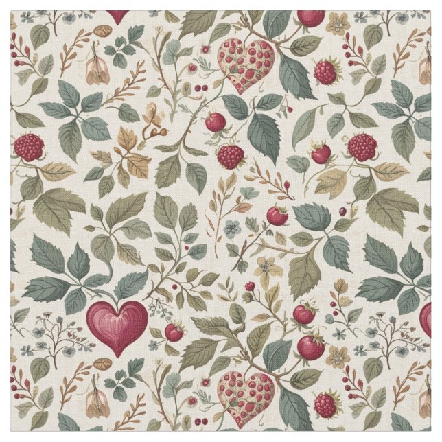 "Whimsical Heart and Berry Pattern" Tyg (Närbild)