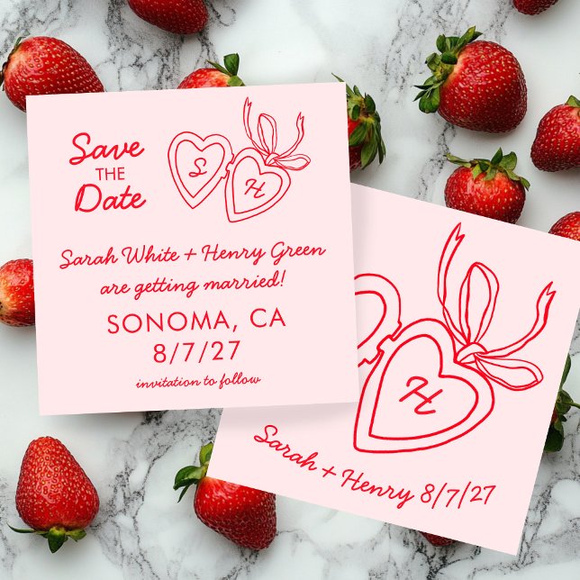 Whimsical Heart Locket Doodle Sketch Modern ANPASS Spara Datumet (Whimsical Heart Locket Doodle Sketch Modern CUSTOM Save The Date Pink Red Square card
)