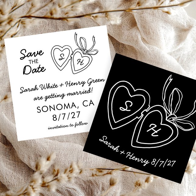 Whimsical Heart Locket Doodle Sketch Modern ANPASS Spara Datumet (Whimsical Heart Locket Doodle Sketch Modern CUSTOM Save The Date Black White Chic Card
)