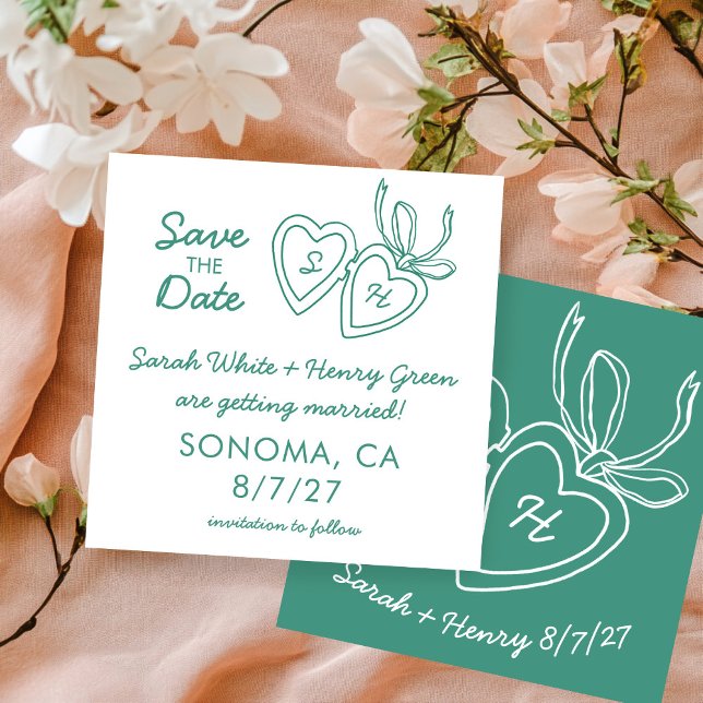 Whimsical Heart Locket Doodle Sketch Modern ANPASS Spara Datumet (Whimsical Heart Locket Doodle Sketch Modern CUSTOM Save The Date Green White Card
)