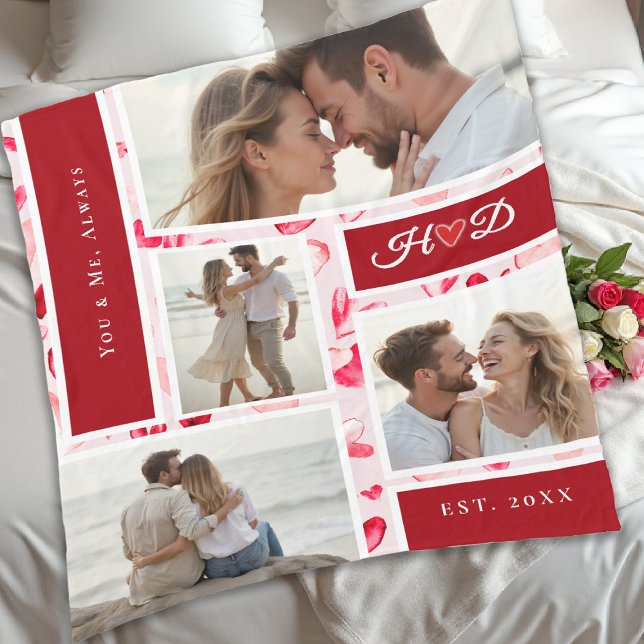 Whimsical Hearts Romantic Photo Collage Gift Red Fleecefilt (valentine love gift photo collage red blanket watercolor hearts bridal birthday anniversary )
