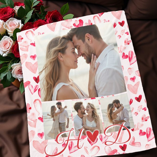 Whimsical Hearts Valentine Red Pink Photo Collage  Fleecefilt (valentine love photo collage blanket hearts bridal birthday anniversary boyfriend girlfriend gift)