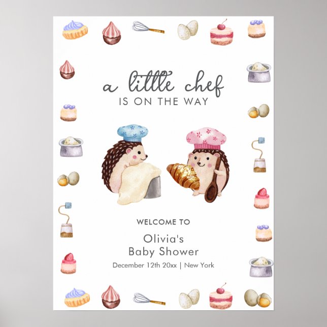 Whimsical Hedgehog Chef Baker Baby Shower Welcome Poster (Framsidan)