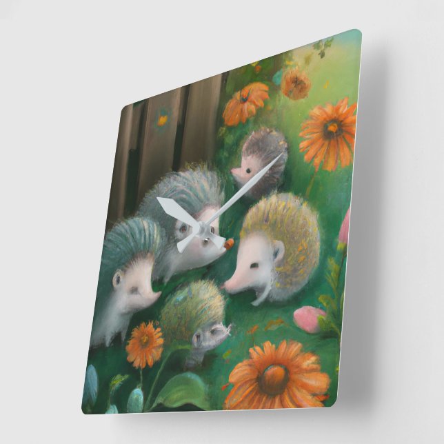 Whimsical Hedgehog Family Picnicking in the Garden Fyrkantig Klocka (Vinkel)