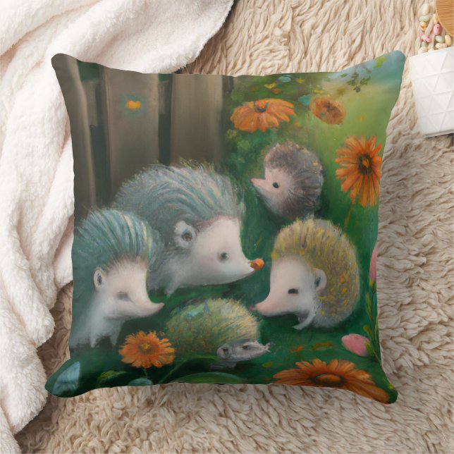 Whimsical Hedgehog Family Picnicking in the Garden Kudde (Filt)