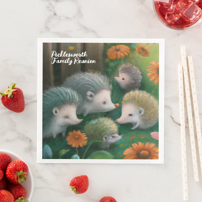 Whimsical Hedgehog Family Picnicking in the Garden Pappersservett (Insitu)