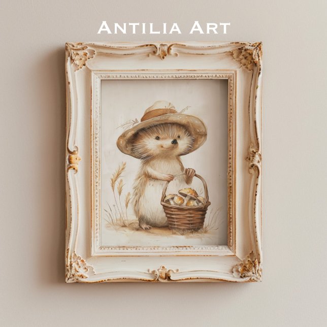 Whimsical Hedgehog Mushroom Basket Woodland Animal Poster (Skapare uppladdad)
