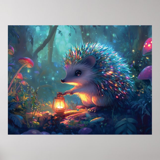 Whimsical Hedgehog och Lantern in Enchanted Forest Poster (Framsidan)
