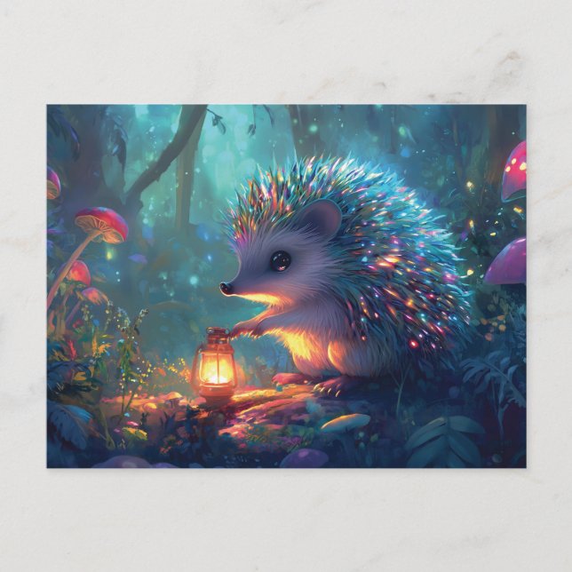 Whimsical Hedgehog och Lantern in Enchanted Forest Vykort (Framsida)