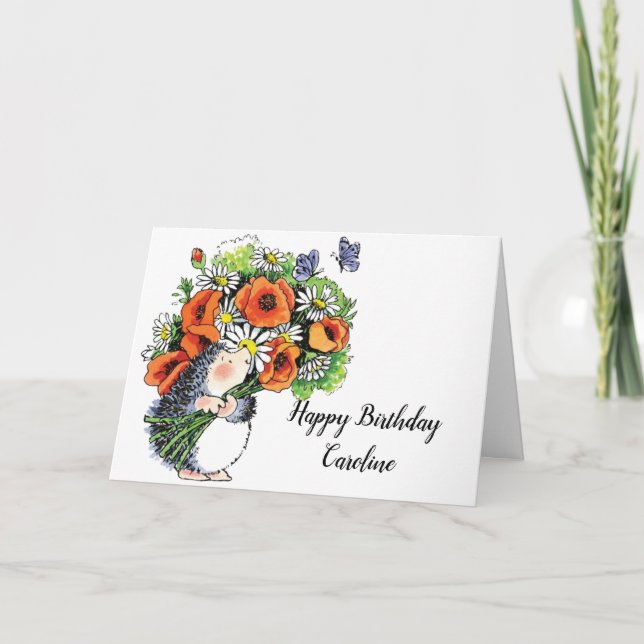 Whimsical Hedgehog och Poppies Birthday Kort (Framsida)