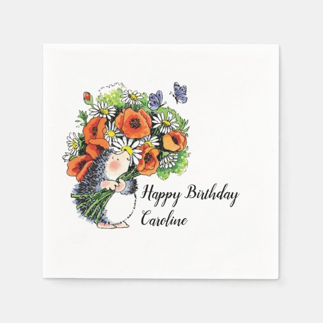 Whimsical Hedgehog och Poppies Birthday Pappersservett (Framsidan)