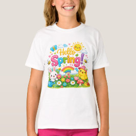 Whimsical "Hello Spring" Illustration with Bunny T Shirt