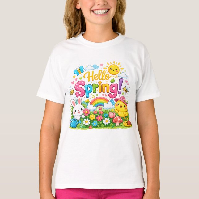 Whimsical "Hello Spring" Illustration with Bunny T Shirt (Framsida)