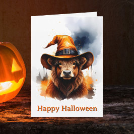 Whimsical Highland Ko Orange Trollhatt Halloween Kort