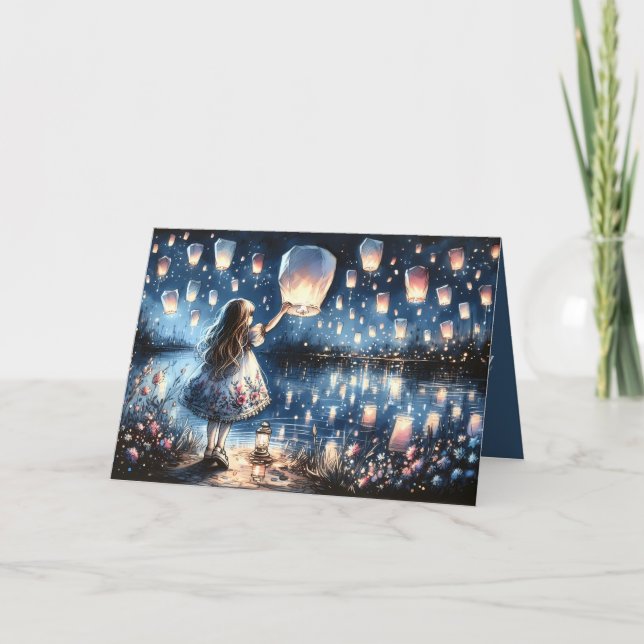 Whimsical himmelslykta sjö flicka  kort (Framsida)