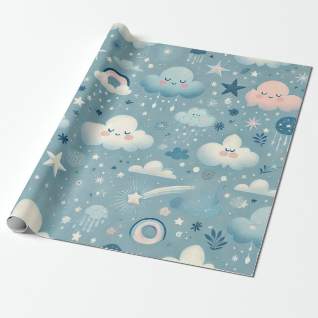 Whimsical himmelsmönster med moln, stjärnor - Blå Presentpapper (Utrullad)