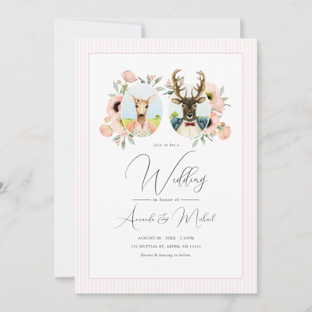 Whimsical Hjortpar Floral Bröllop Inbjudningar (Framsida)