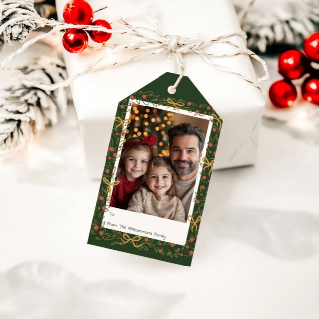 Whimsical Holiday Wreath & Bows Photo Card Presentetikett (Whimsical Christmas Wreath holiday photo gift tag)