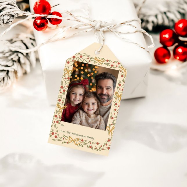 Whimsical Holiday Wreath & Bows Photo Card Presentetikett (Whimsical Christmas Wreath holiday photo gift tag)