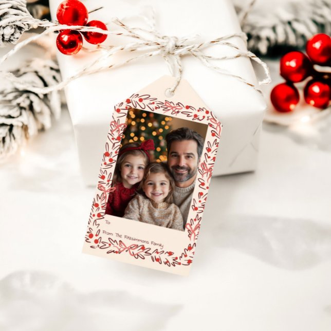 Whimsical Holiday Wreath & Bows Photo Card Presentetikett (Whimsical Christmas Wreath holiday cream gift tag
)