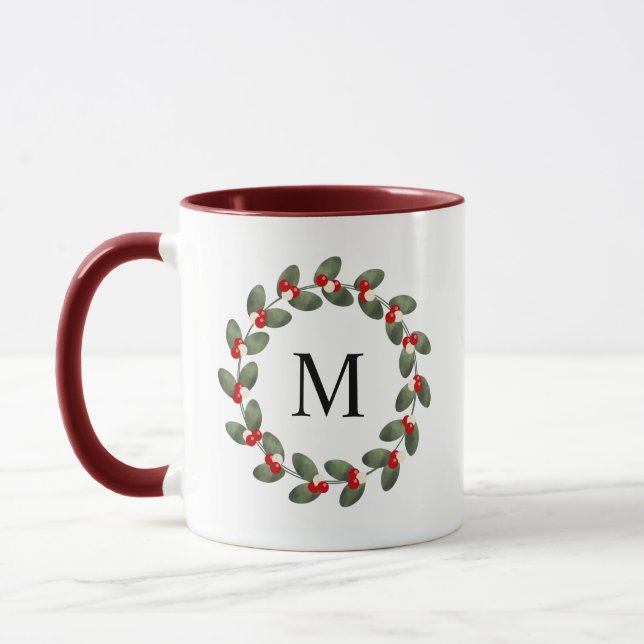 Whimsical Holly Berry jul Monogrammed Mugg (Vänster)