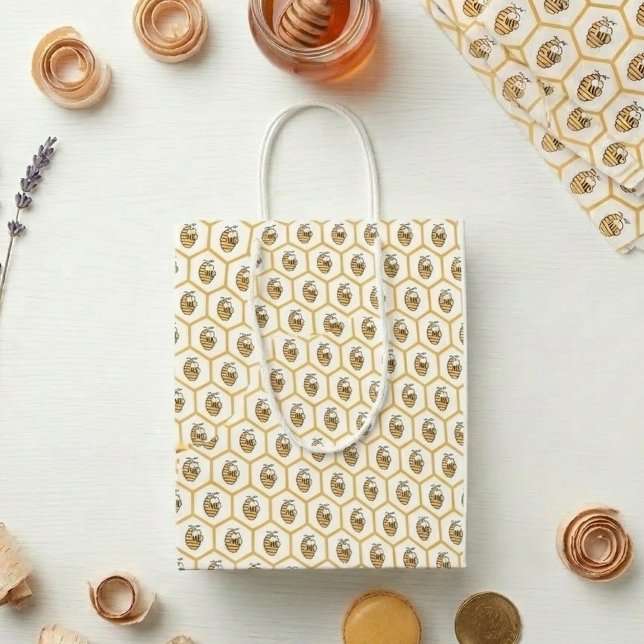 Whimsical Honey Bee and Gold Hexagon Pattern (bumblebee pattern gift bag)