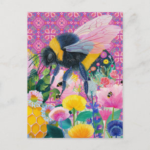 Whimsical Honungsbin Trädgård Vildblomma Vykort