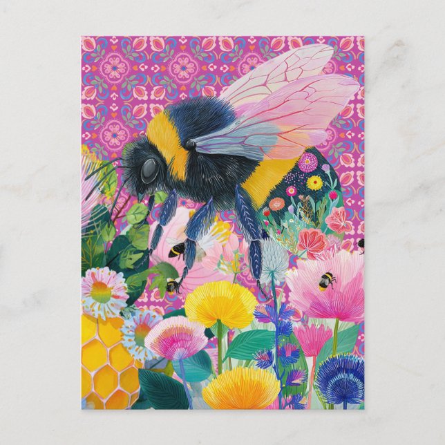 Whimsical Honungsbin Trädgård Vildblomma Vykort (Framsida)