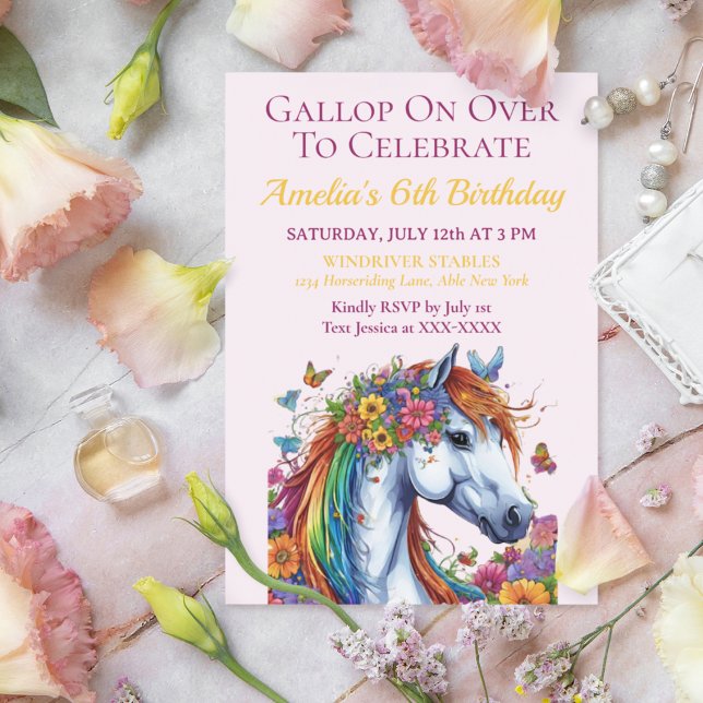 Whimsical Horse Blommigt Equestrian Birthday Inbjudningar (Whimsical Floral Horse Birthday Invitation)