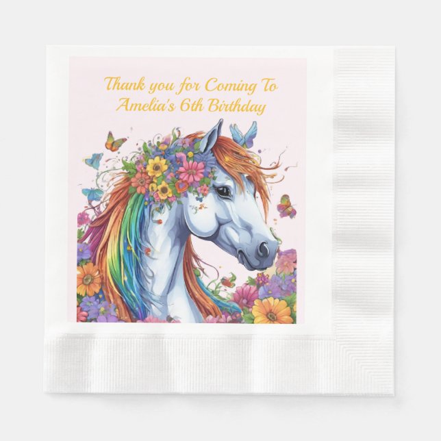 Whimsical Horse Rainbow Blommigt Equestrian Birthd Pappersservett (Framsidan)