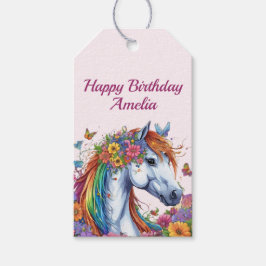 Whimsical Horse Rainbow Blommigt Equestrian Birthd Presentetikett