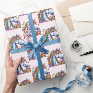Whimsical Horse Rainbow Blommigt Equestrian Birthd Presentpapper