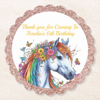 Whimsical Horse Rainbow Blommigt Equestrian Birthd Underlägg Papper