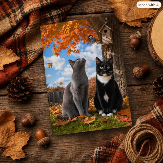 Whimsical Höst Katter & Chickadee Kattälskare  Vykort (Skapare uppladdad)