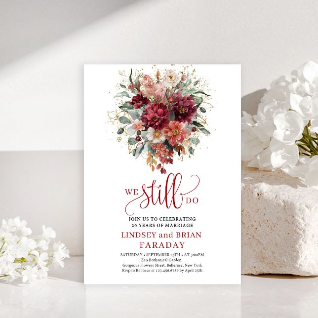 Whimsical Höst Marin Blommig Löftesförnyelse Inbjudningar (Whimsical Autumn Maroon Floral Vow Renewal

)