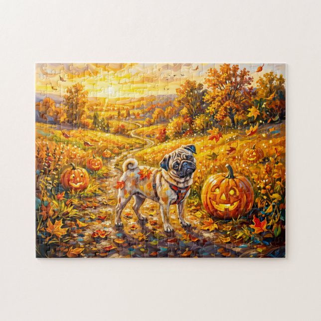 Whimsical Höst Pumpa Stig Mops Illustration Pussel (Horisontell)