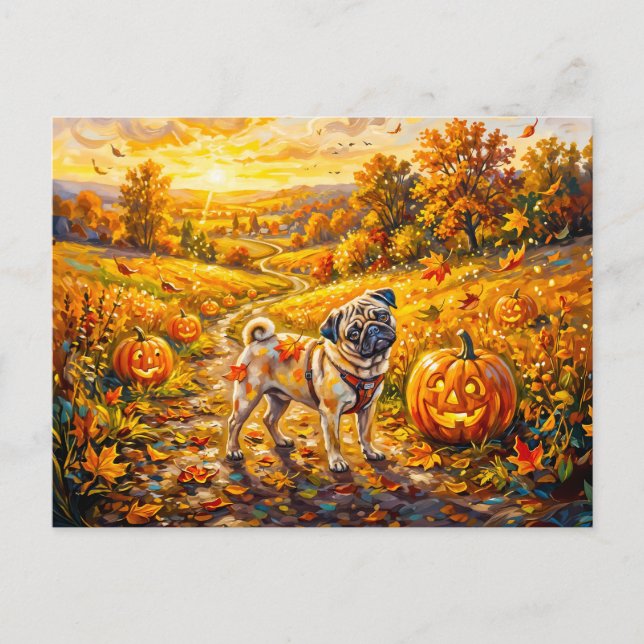 Whimsical höstpumpa stig Mops Illustration Vykort (Framsida)