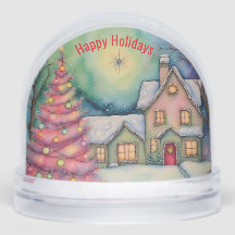 Whimsical House and Christmas Tree Snow Scene