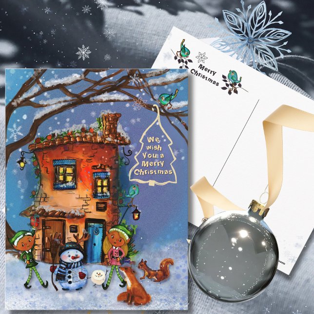 Whimsical House och Vinter Woodland Vänner  Helg Vykort (Whimsical House and Winter Woodland Friends Holiday Postcard)