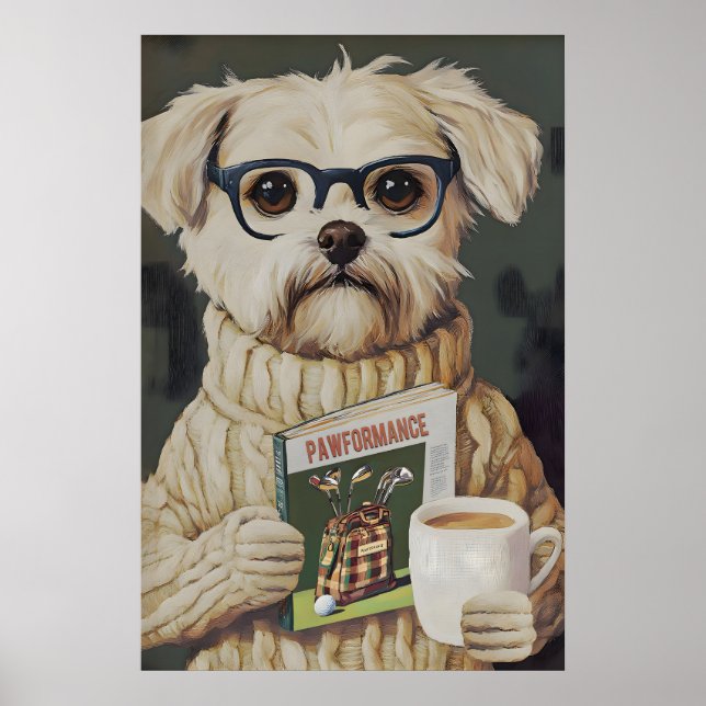 Whimsical Hund Läsning Golf Magasin Konsttryck Poster (Framsidan)
