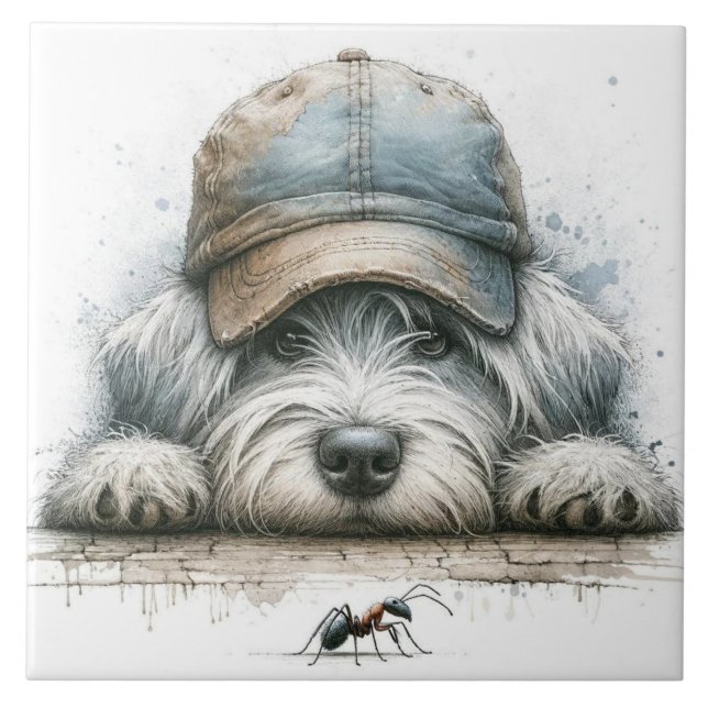 Whimsical hund som tittar på en spindel kakelplatta (Framsidan)