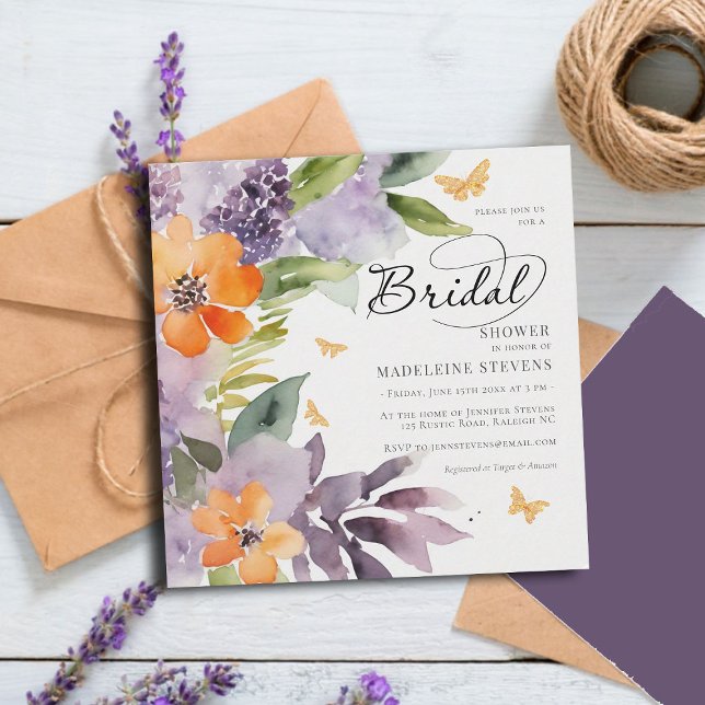 Whimsical Hydrangea Lavender Orange Möhippa Inbjudningar (rustic lavender hydrangea purple orange bridal shower invitation modern romantic garden party chic)