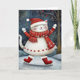 Whimsical Ice Skating Cat Christmas Helgkort