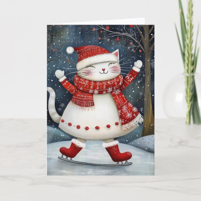 Whimsical Ice Skating Cat Christmas Helgkort (Framsida)