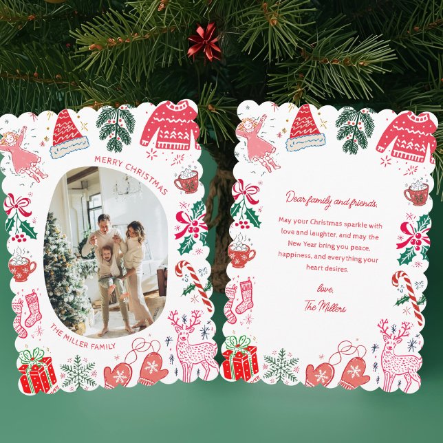 Whimsical Illustrated Colorful Christmas Photo Julkort (Skapare uppladdad)
