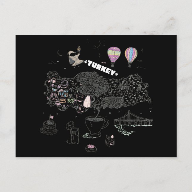 Whimsical Illustrated Map of Turkey Travel Vykort (Framsida)